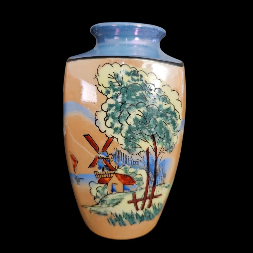Vintage Made in Japan Hand Painted Scenic Ceramic Vase Luster Glaze